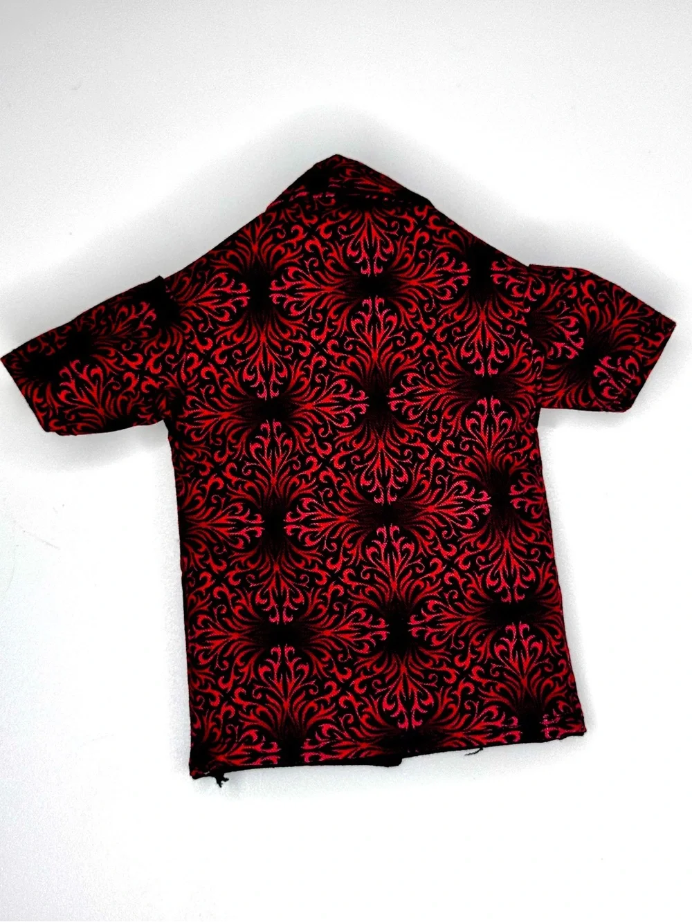 Crimson damask swirl print doll shirt lined in black